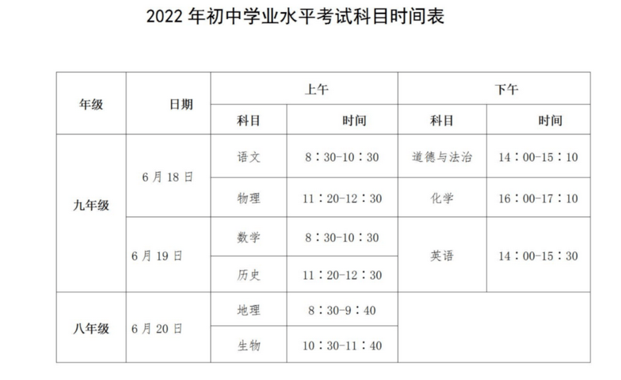 2022年湖南中考時間安排表,湖南中考2022具體時間