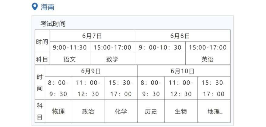 2022年海南高考時間安排,海南高考時間2022具體時間表