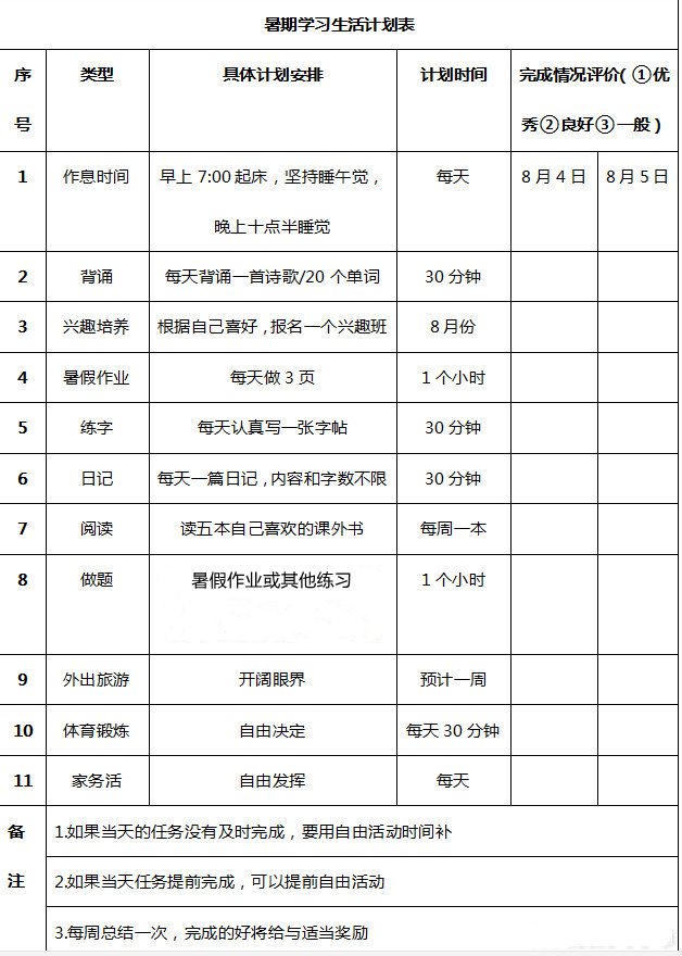 小學(xué)生暑假計(jì)劃表,小學(xué)生暑假怎么安排比較好