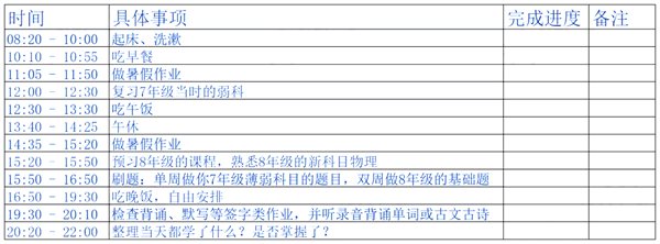 初中生暑假學習計劃表,初中生暑假每日時間安排