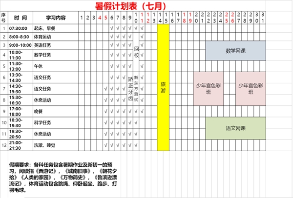 初一暑假學習計劃表,七年級暑假怎么安排